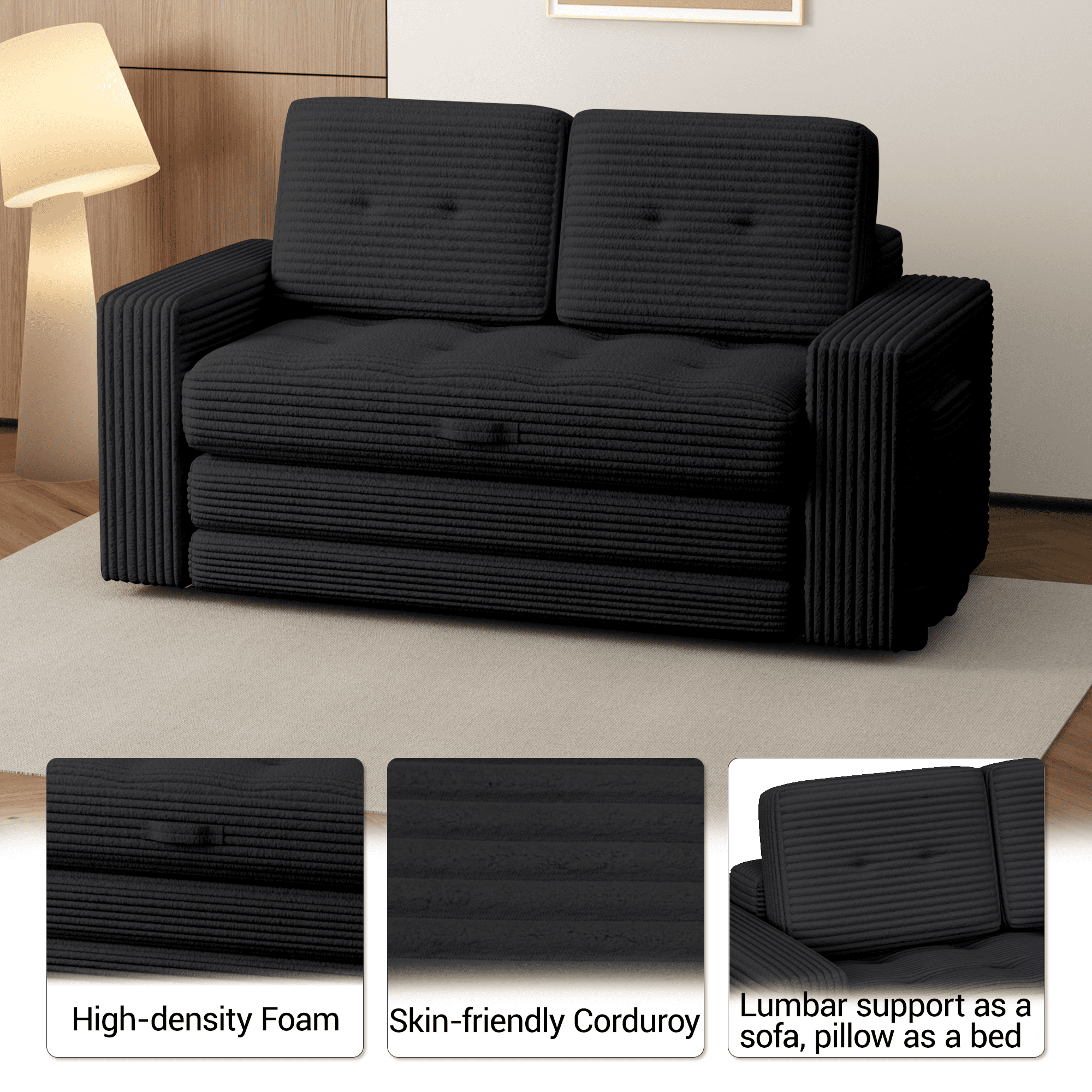 WENTUM Pull Out Loveseat Boneless Couch,Sleeper Sofa, Folding Couch Bed with Pillow for Living Room Bedroom, Black