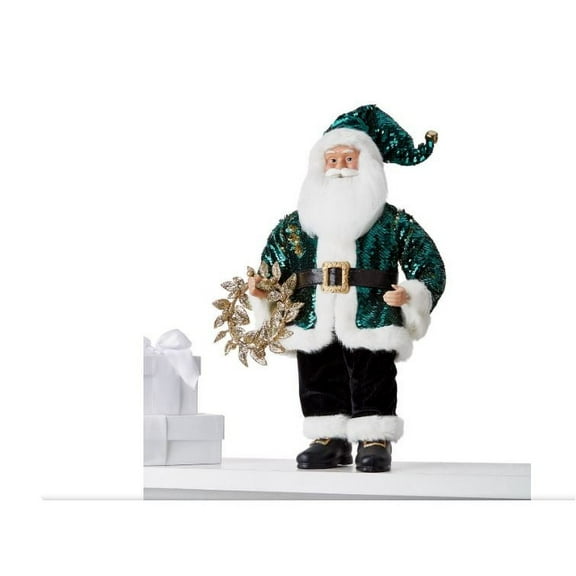 Holiday Lane 18"H Fabric Standing Santa in Green Sequin Outfit Holding Wreath