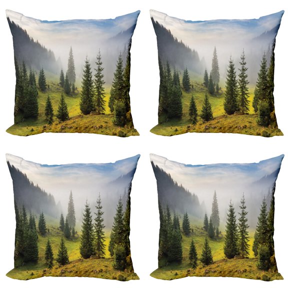 Ambesonne White Throw Pillow Cover 4 Pack, Green Trees on Meadow, 16", White Green