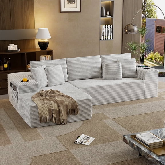 Netraty 104''L-Shape Cloud Sectional Couch, Modular Sectional Sofa with Side Pocket, Cup Holder&USB Port, Couch for Living Room Bedroom with Deep Seat, Plush Corduroy Fabric, No Assembly, Beige