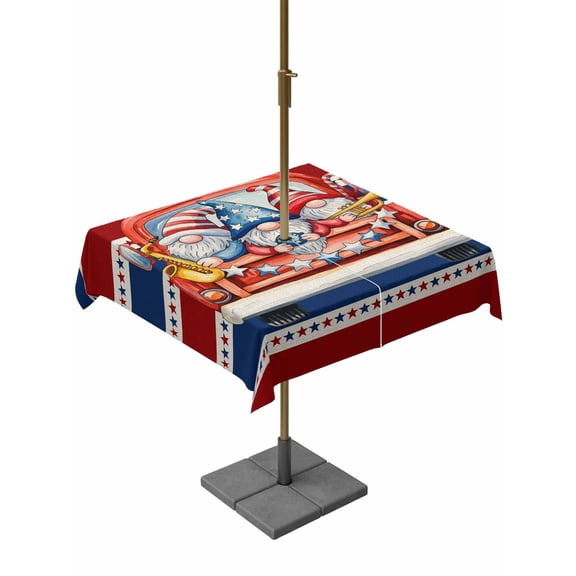 Outdoor Tablecloth with Umbrella Hole for Patio/Picnic/Party/Camping, Patriotic Gnomes Waterproof Table Cloth Square Cover Washable, Independence Vintage Blue Red Striped (54"x 54")