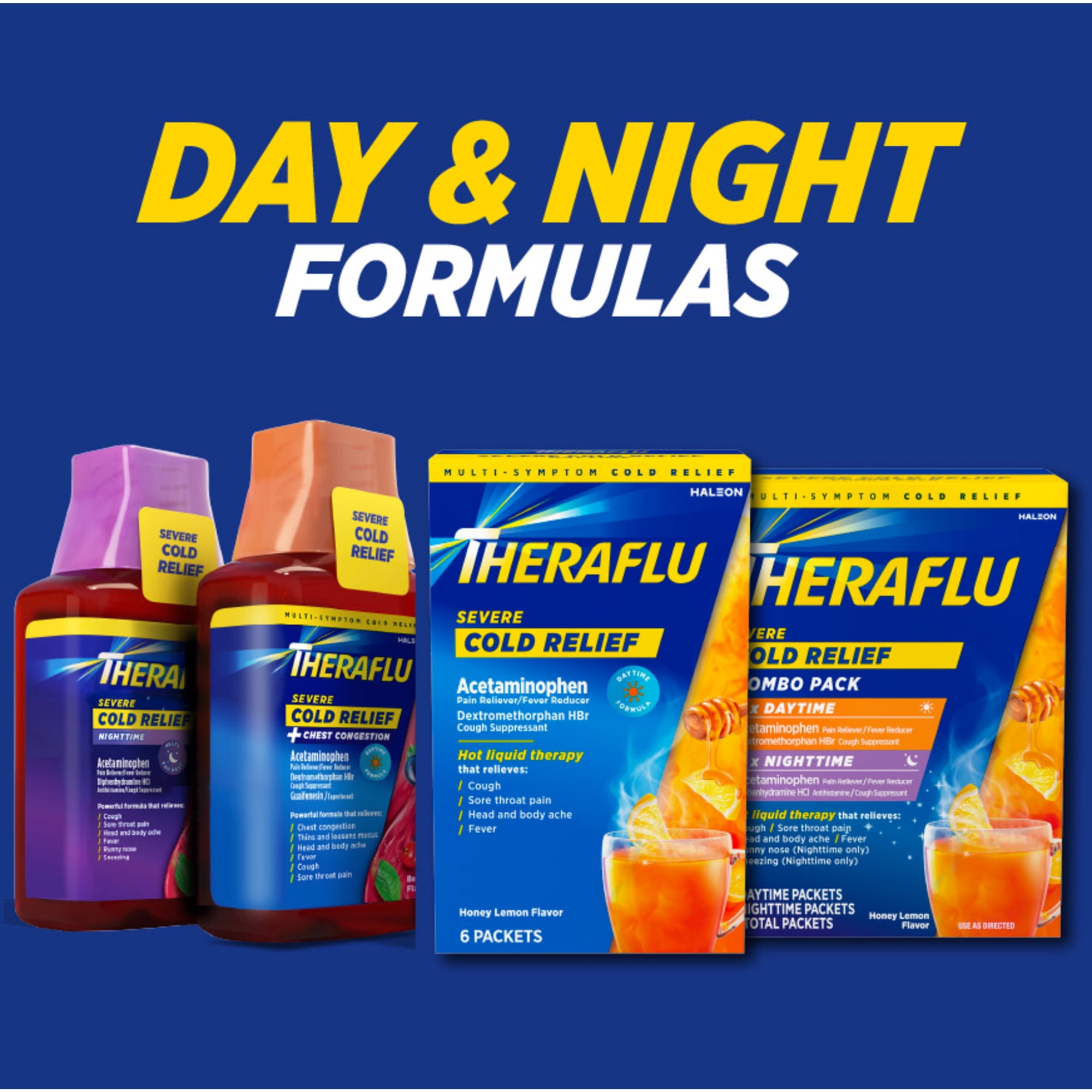 Theraflu Severe Cough Cold and Flu Day and Nighttime Relief Medicine Powder, Honey Lemon, 12 Count