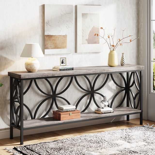 Fnova 70.9" Industrial Console Table, 2-Tier Wood Storage Narrow Sofa Table, Behind Couch with Metal Frame, for Living Room, Entryway, Foyer, Easy Assembly