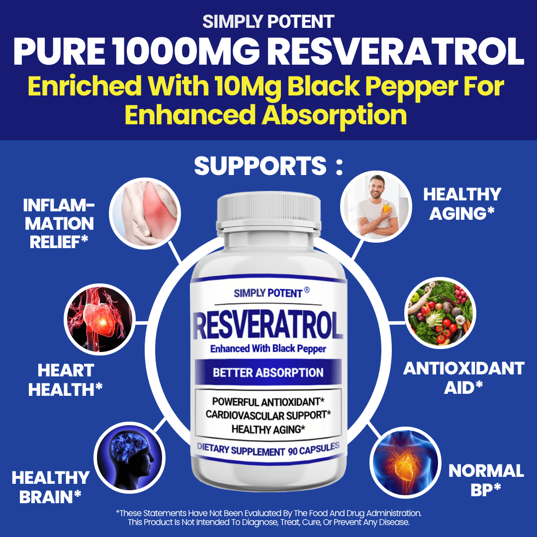 Simply Potent Resveratrol 1000mg  with Black Pepper Supplement for Anti-Aging, Skin & Heart Health, Immune System, Brain Function & Digestive Support, 90 Caps