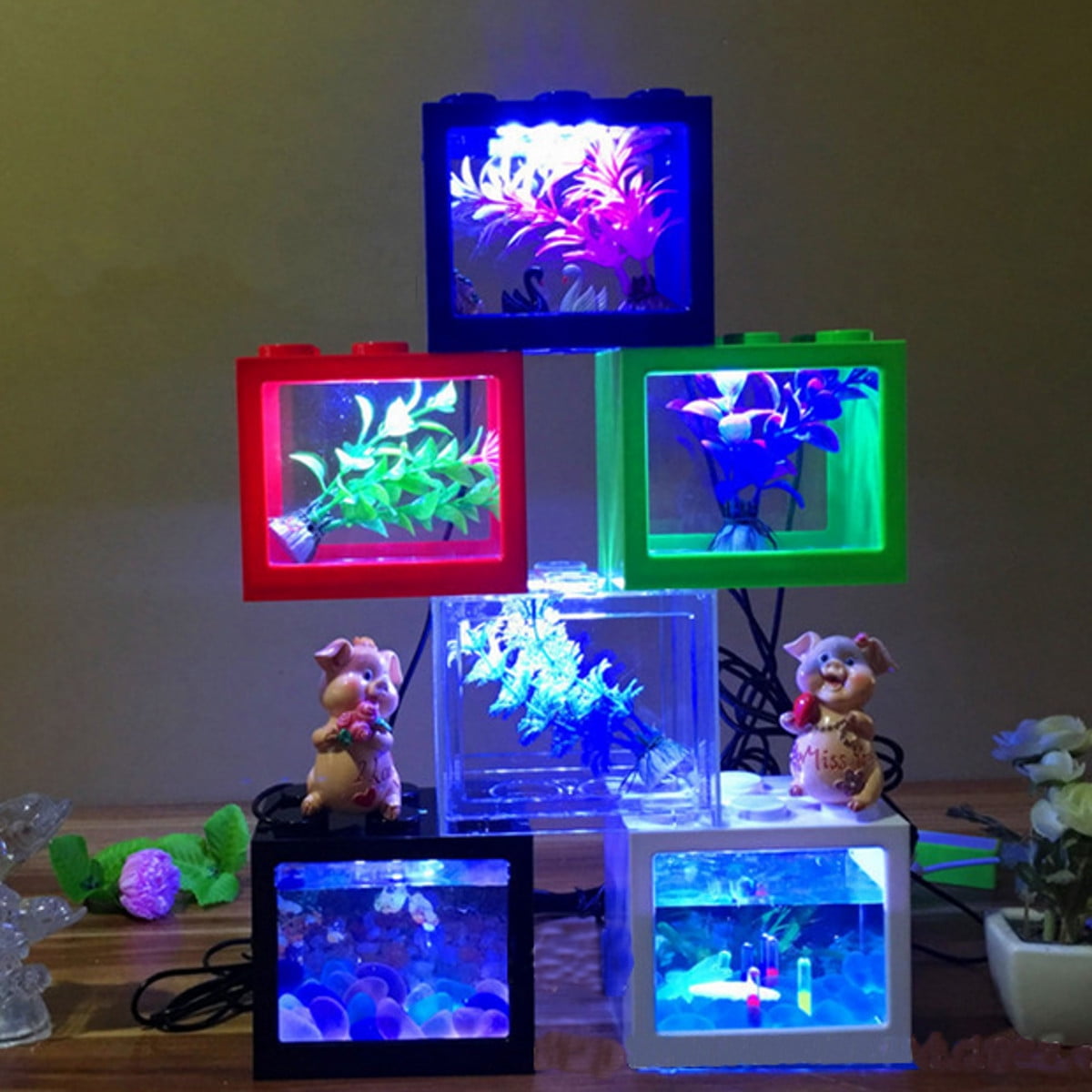 US Mini Fish Tank LED Lighting Clear Ornament Aquarium Office Desktop Home Decor 