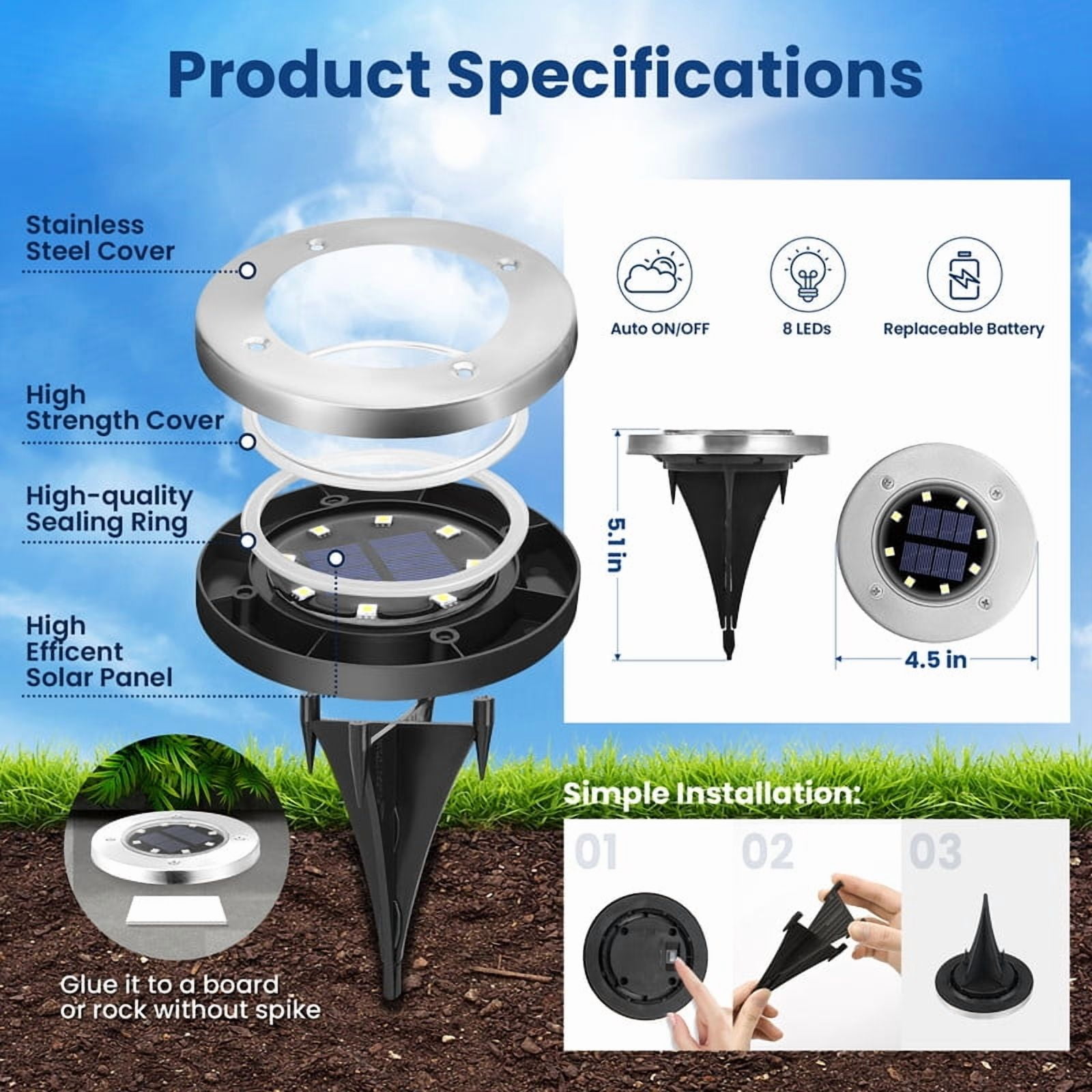 FKHouse 6 Pack Solar Ground Lights Outdoor, 8 LED Waterproof Landscape Lights for Pathway, Yard, Lawn, Patio and Walkway（Cold White）