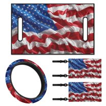 Jeiento Golf Cart Seat Cover 4 Pack with Steering Wheel Cover and Golf Cart Flags US Flag Golf Cart Seat Towel Blanket 13-14 Inch Steering Wheel Cover 2PCS Mini Flags Club Car Decoration