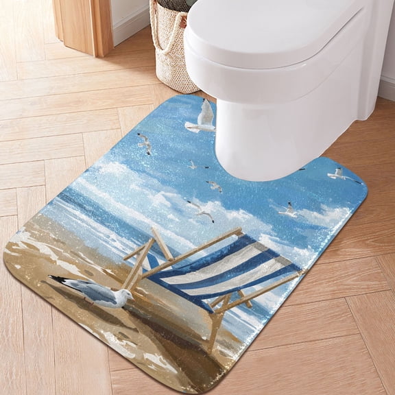 Toilet Rug U-Shaped Bathroom Rugs Non-Slip Soft Plush Machine Washable Contour Bath Mat Seagull and Striped Beach Chair 24x20