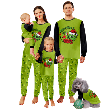 

FUNIER Holiday Family Matching Christmas Pajamas Sets Merry Christmas Claus Cartoon Green Print Baby-Kids-Adult-Pet Size 2-Piece Top and Pants Bodysuits Sleepwear Pajamas Set