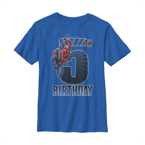 Boy's Marvel Spider-Man Swinging 5th Birthday Graphic Tee Royal Blue Medium