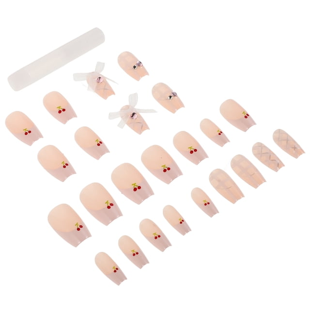 juego de uñas postizas de cereza para manicura francesa, reutilizables, con pegamento, cortas y cuadradas, cobertura completa para manicura femenina