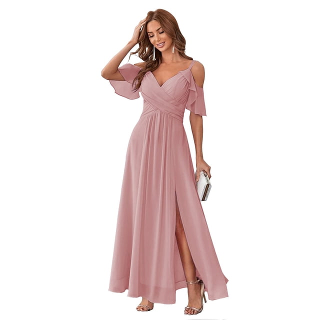 Vestido de dama de honor Stylefun de gasa rosa empolvado con hombros descubiertos