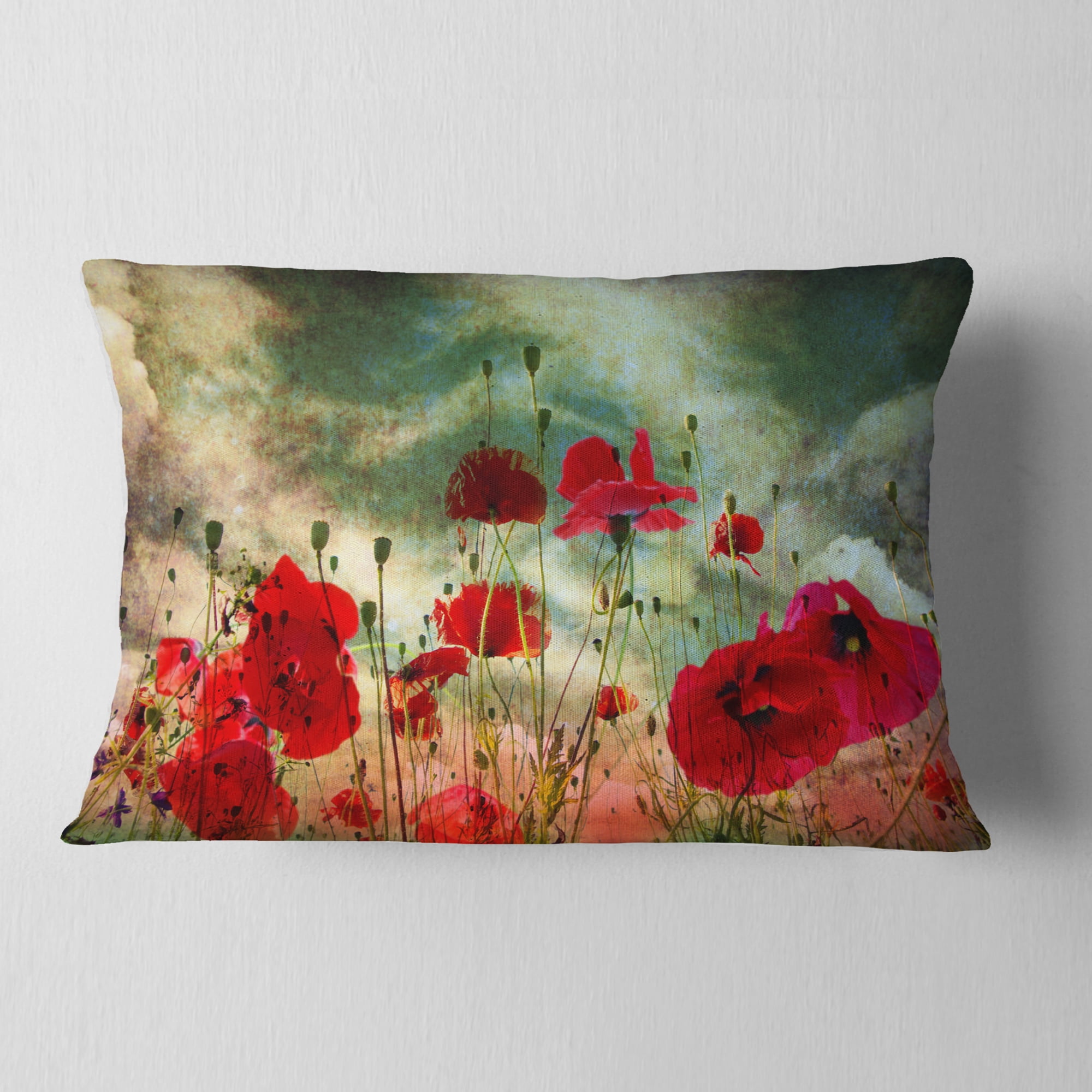 Designart Wild Red Poppy Flowers in Sky - Floral Throw Pillow - 12x20