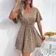 thumbnail image 3 of Vestido Cintura Estampada Adelgazante Cuello En V Manga Acampanada Dobladillo Casual Vestido De Una Pieza Para Dama Caqui L, 3 of 6