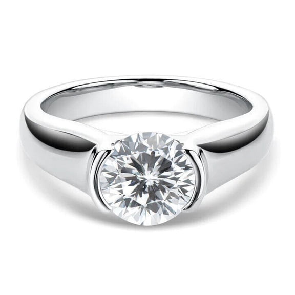 Round Diamond Solitaire Ring, Half Bezel Set Diamond Ring, 14K White Gold Plated, 2.00 Ct Simulated Diamond, Proposal Ring For Her