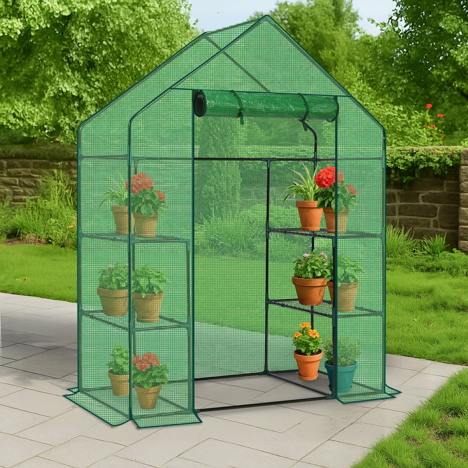 Ktaxon Mini Walk-in Greenhouse with PE Cover, 4-Shelf Indoor Outdoor Plant House for Garden Backyard, 56"x29"x77", Green