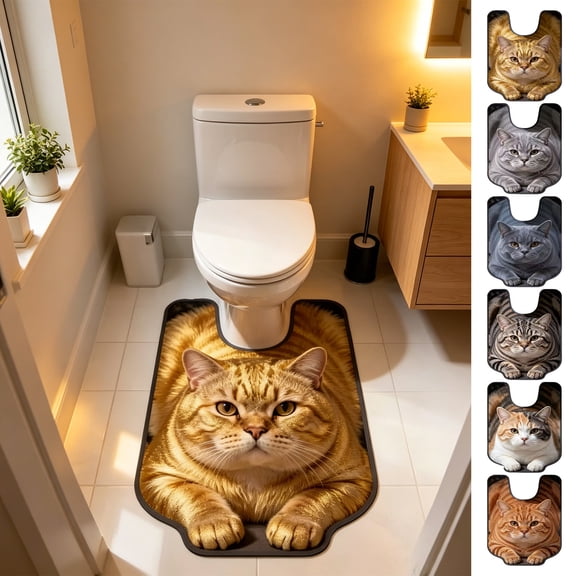Ohmyroo U Shaped Toilet Mat, 19.7 x 15.7 In Absorbent Diatom Mud Floor Rug With Cat Design