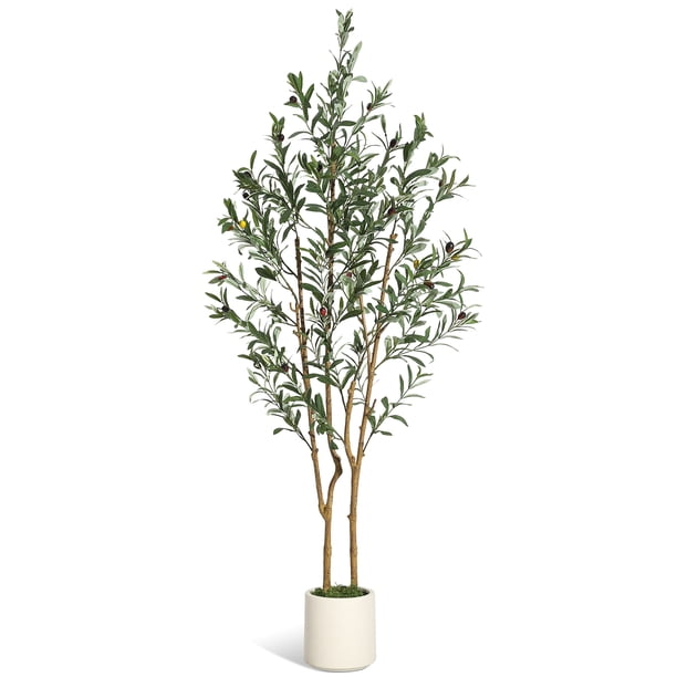 QinaQin Árbol de olivo artificial de 5 pies con maceta blanca y frutos realistas, planta decorativa para sala, oficina o recibidor