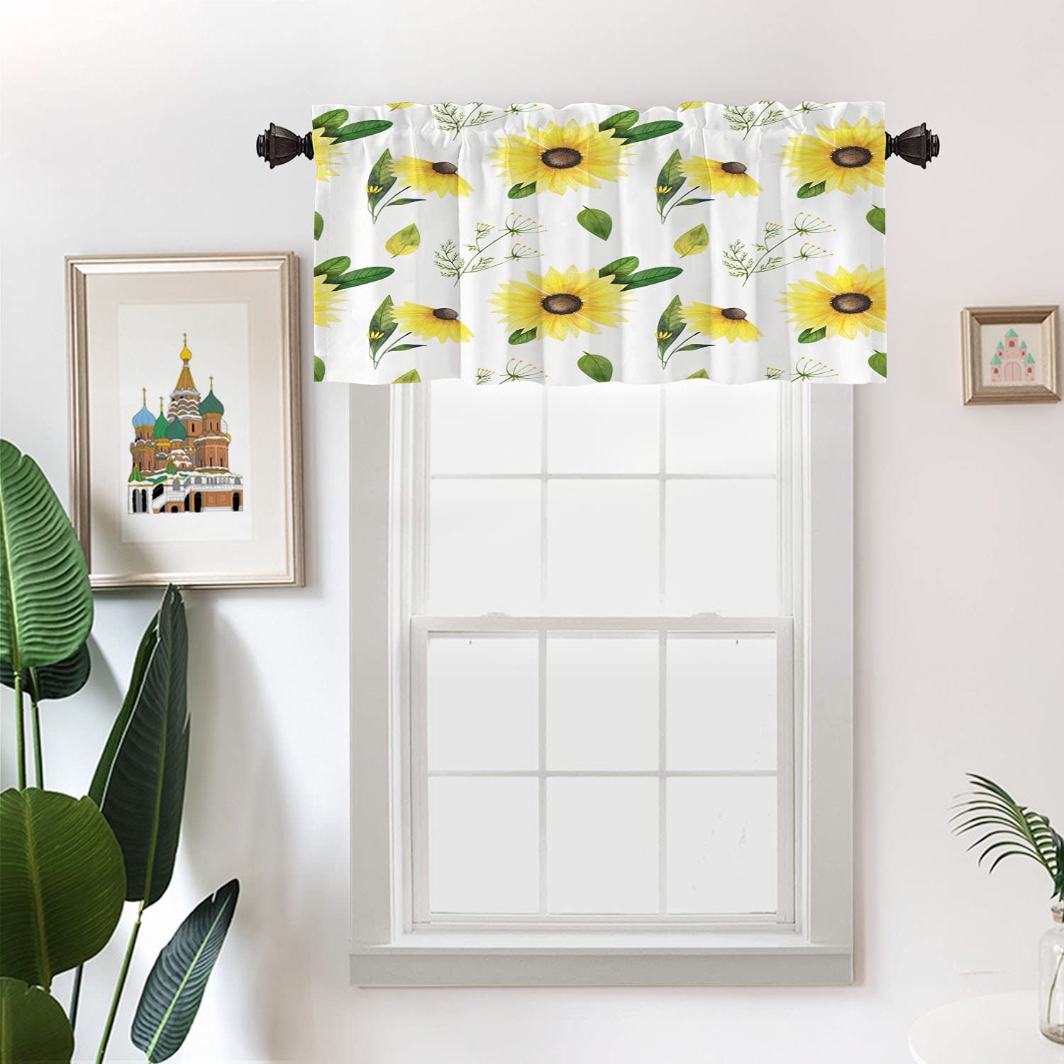 Yellow Sunflower White Kitchen Valances Half Window Curtain, Rustic