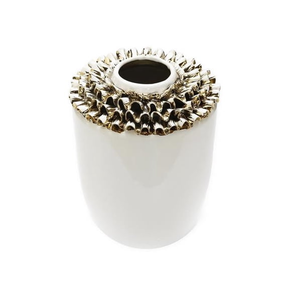 HomeRoots 569275 10 in. White Round Ceramic Table Vase with Sculptural Details