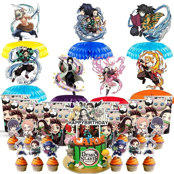 Demon Slayer Party Supplies Decor Cups Fans Decorations Honeycomb Centerpieces Cake Toppers