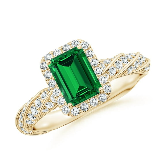 ANGARA Lab Grown 1 Ct Emerald Halo Twisted Rope Shank Engagement Ring for Women in 14K Yellow Gold (Size-7x5mm) | May Birthstone, Anniversary, Jewelry Gift for Women | Lab-Grown Emerald Ring
