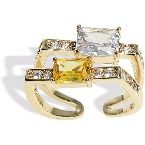 Art Deco Gold Citrine Rhinestone Statement Ring for Women Trendy Large Yellow Cubic Zirconia Simulated Diamond Topaz Gemstone Adjustable  Double Ring Costume Jewelry Gift