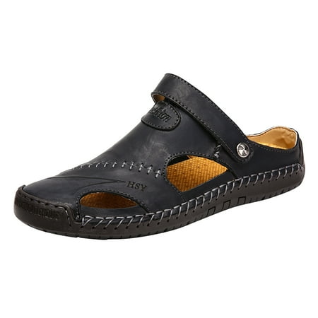 

On Clearance! KOKOI Summer Closed Toe Sandals Breathable Handmade Genuine Leather Sandals Slip-on Lazy Comfortable Beach Shoes Ankle Strap Flat Anti-slip Slide Slipper for Men and Women Black/10