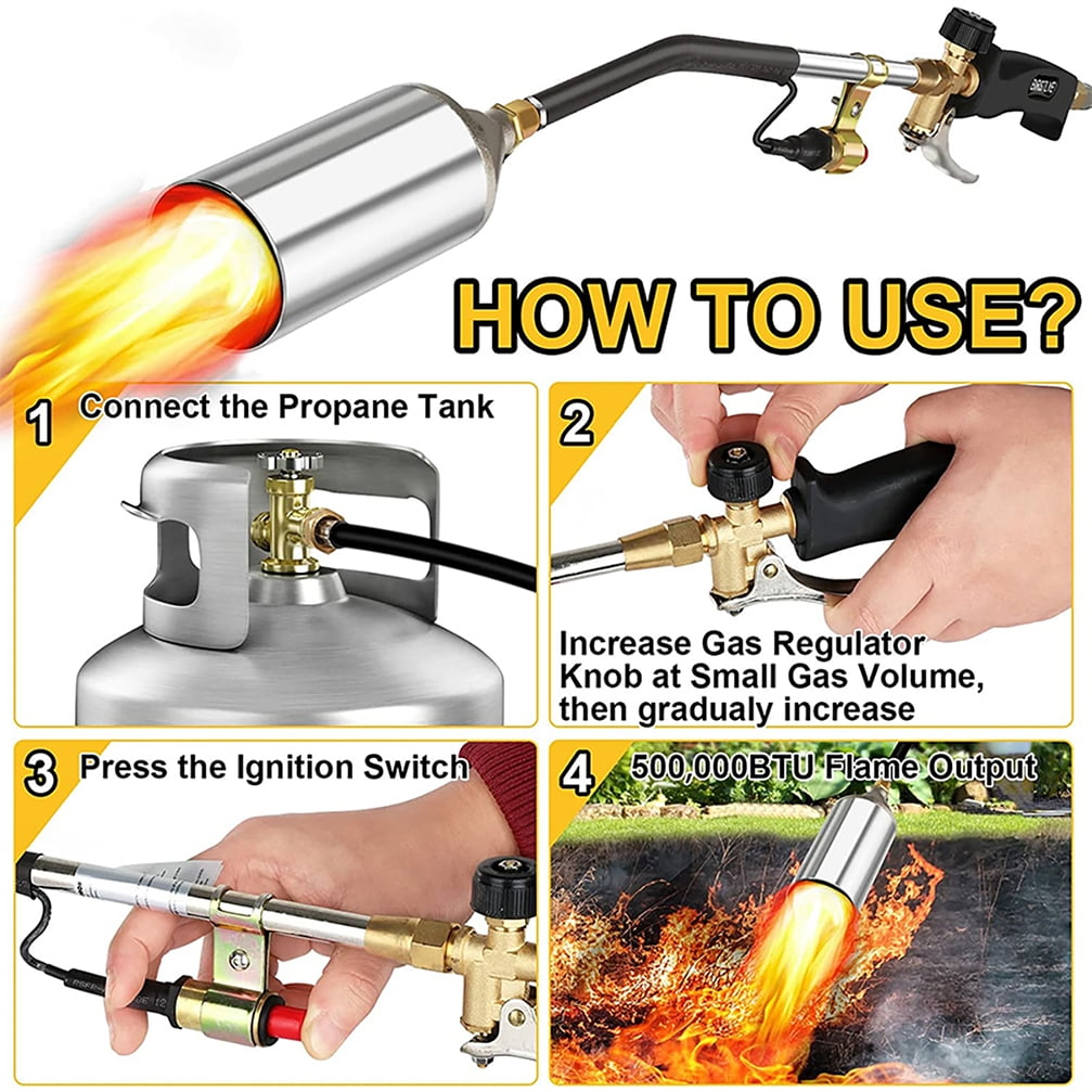Propane Torch Weed Burner,Blow Torch,Heavy Duty,High Output 500,000 BTU,Flamethrower with Gas Tank Converter Turbo Trigger Push Button Igniter and 9.8 FT Hose 
