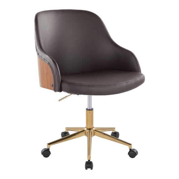 LumiSource Bacci Office Chair in Gold Metal, Walnut Wood, Brown PU color