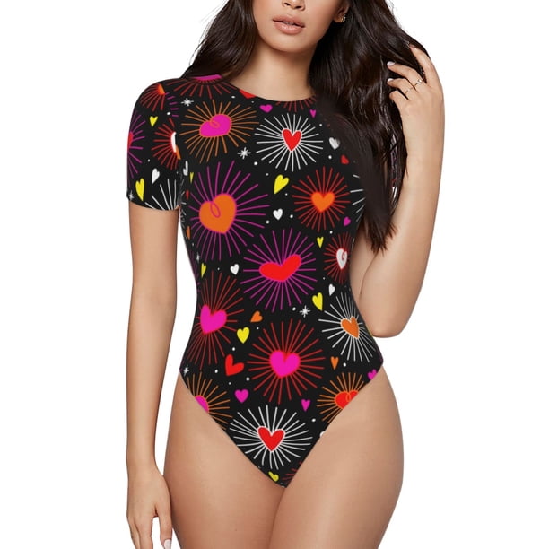 Fotbe Geometric Hearts Body de Mujer con Cuello Redondo y Mangas Cortas, Sin Mangas Ajustado, Suave, Cómodo y Básico-X-Large