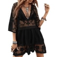 thumbnail image 1 of Vestido de playa Eomenie de encaje con cuello en V y manga 3/4, negro, 1 of 6