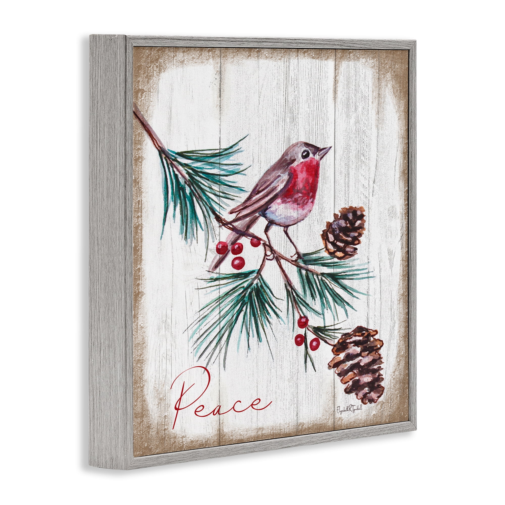 Stupell Industries Rustic Bird & Pinecones Holiday Painting Gray Framed Art Prints Wall Art, 17 x 17