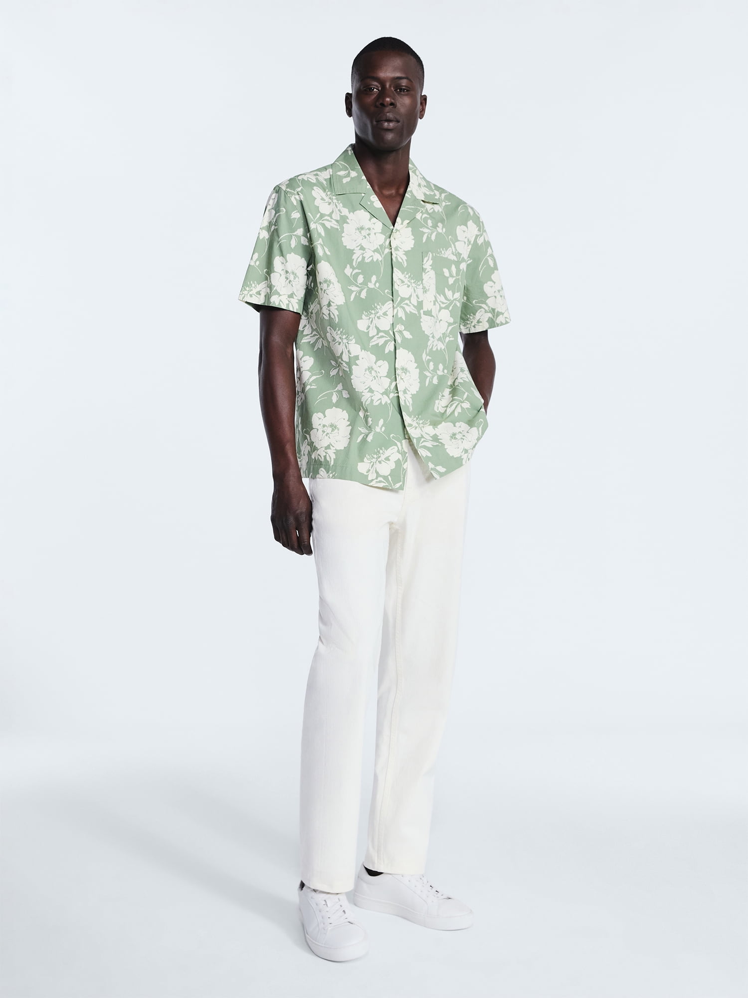 Free Assembly Men's Floral Cotton Camp Shirt with Short Sleeves, Sizes S-3XL