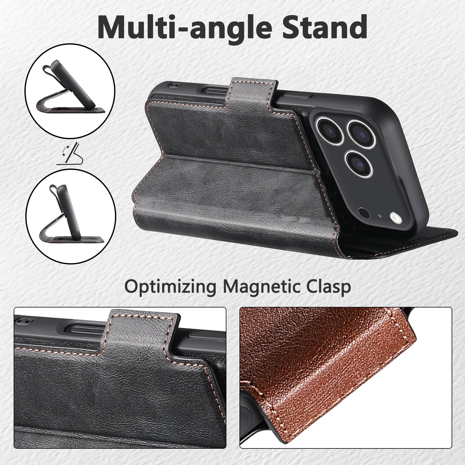 PU Leather for iPhone 17 Pro Max Case, 2 in 1 Detachable Wallet Case with Card Holder, Removable Flip Stand Folio Cover with RFID Blocking Phone Cover [Compatible with MagSafe],Black