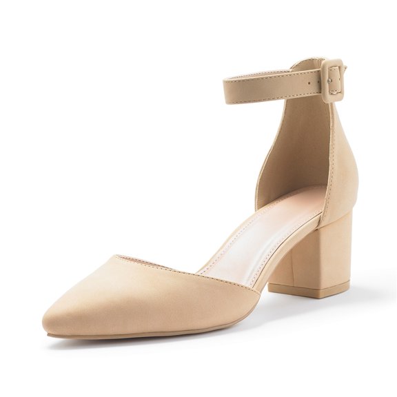Dellytop Women's Pointed Toe Pumps Ankle Strap Buckle Chunky Block Heel Dress Sandals