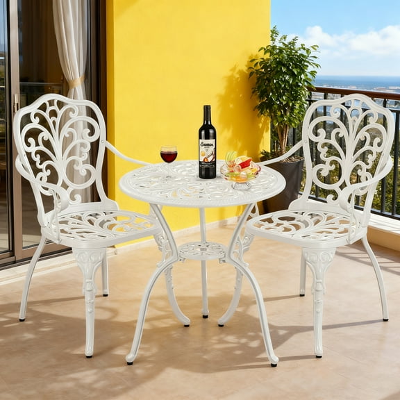 Withniture Patio Bistro Set 3 Piece Cast Aluminum Outdoor Bistro Set, White Bistro Table and Chairs of 2 W/ Umbrella Hole