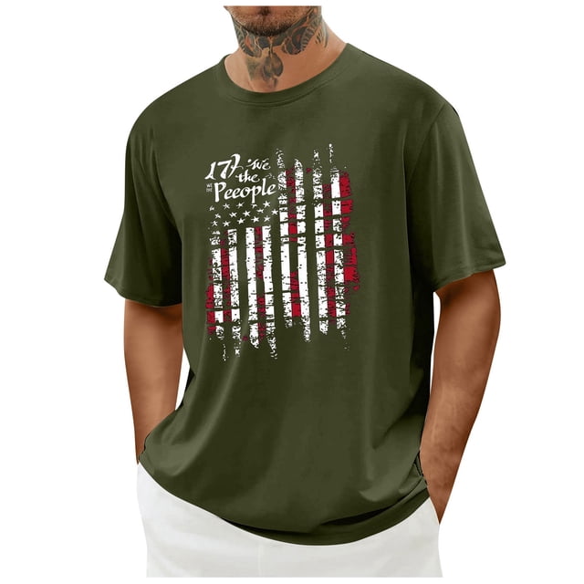 yoeyez Chemise Habillée pour Homme, T-Shirt à Manches Courtes pour Homme Imprimé du 4 Juillet Col Rond T-Shirt Décontracté Graphique de Gym Entraînement T-Shirt Drapeau Américain Vert Armée, G