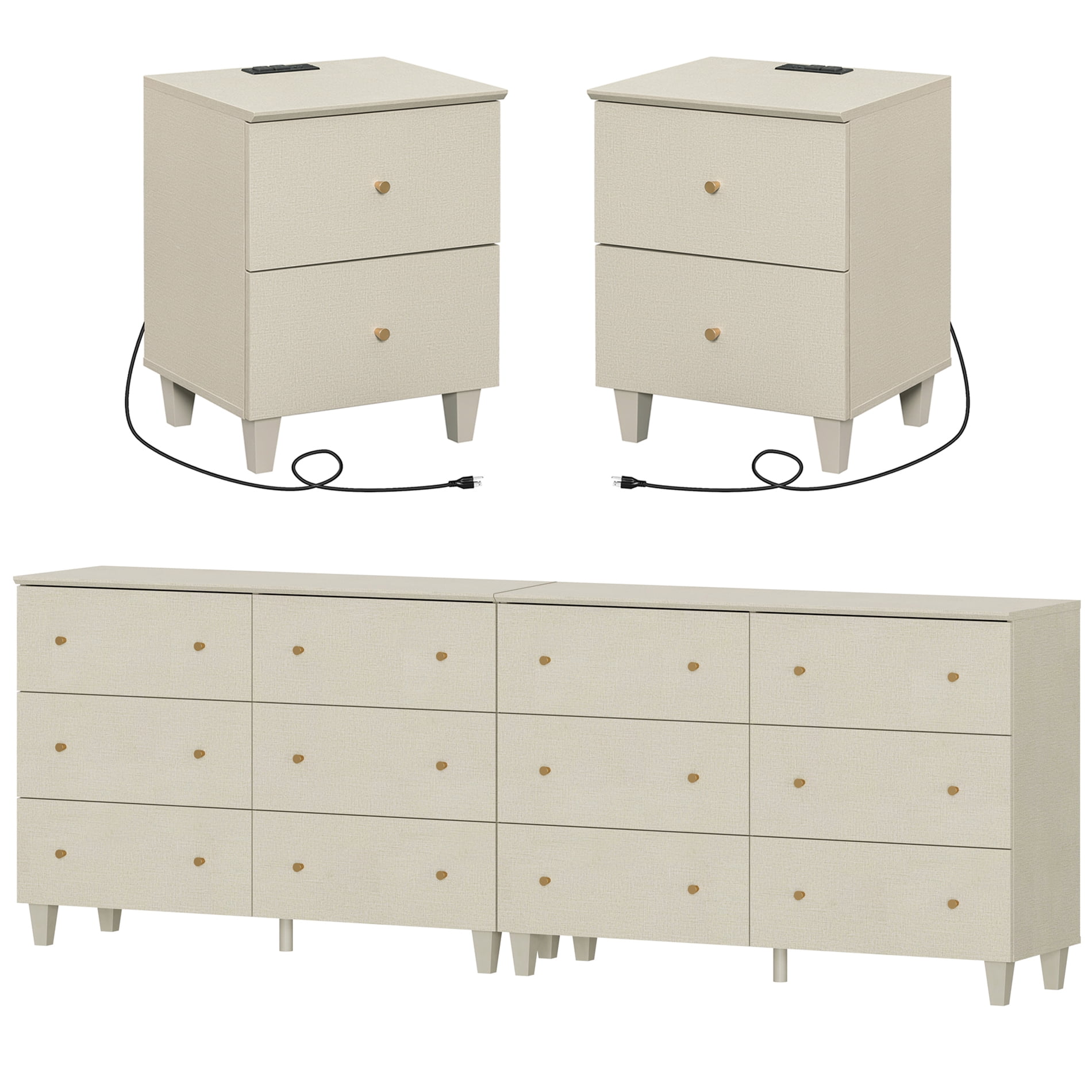 WAMPAT Dresser and Nightstands Set of 4, Wood Dressers with 12 Drawers, 2 Pieces Nightstands with Charging Stations for Living Room, Beige Linen Printed