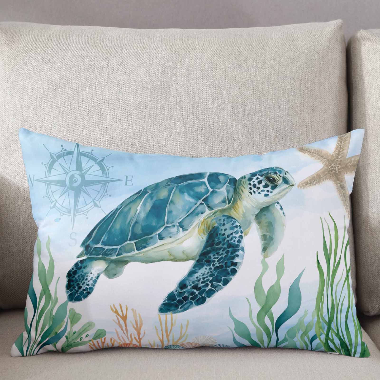 Turtle Throw Pillow Cover 24 x 36 Inch Decorative Pillow Cover Blue Ocean Coastal Nautical Compass Coral Starfish Lumbar Pillowcase Seasonal Rectangle Cushion Case for Couch Sofa Bed Living Room