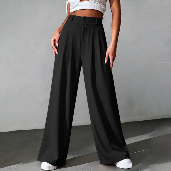 ClodeEU Women's Ice Silk High Waisted Wide Leg Trousers with Button ,Casual Solid Color Summer Work Pants Black,Women's Plus L