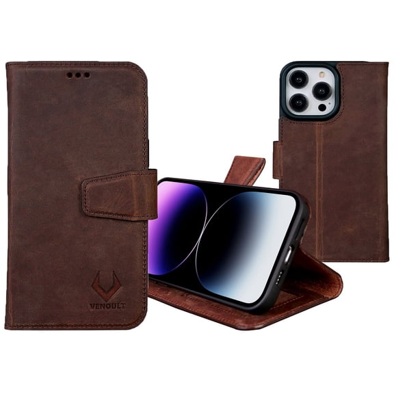 VENOULT iPhone 15 Pro MAX Leather Wallet Case, 4 Card Holder, Man or Women, Shock Proof TPU Frame, Kick Stand, Genuine Leather - Vintage