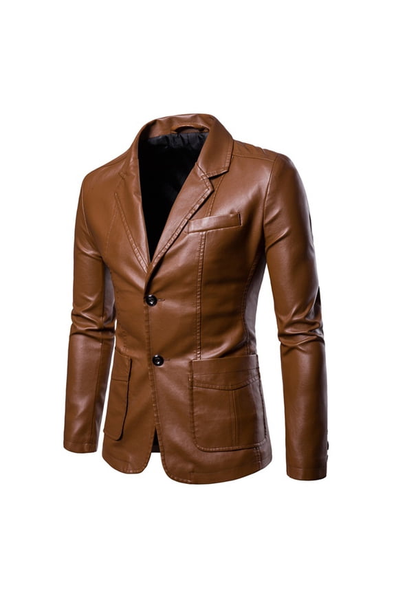Men's Plus Size Fashion Solid Color PU Faux Leather Suit Blazer Casual Wedding Business Jacket Long Sleeve Lapel Single-Breasted Dress Coat with Pockets Khaki 3XL