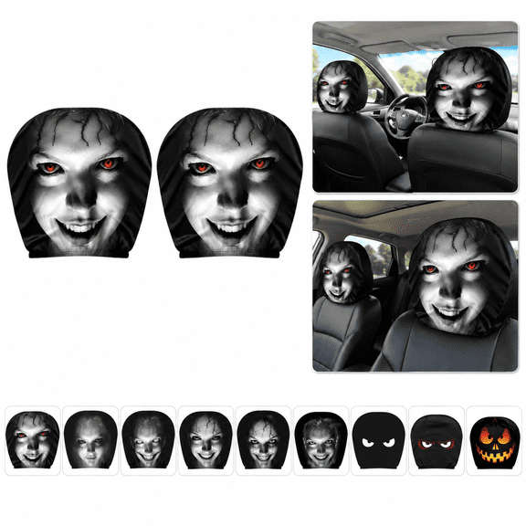 2 Pack Funny Scary Headrest Covers for Cars, Stretch Spandex Front Seat Covers, Breathable Washable Spooky Halloween Interior Accessories for Sedan SUV Truck