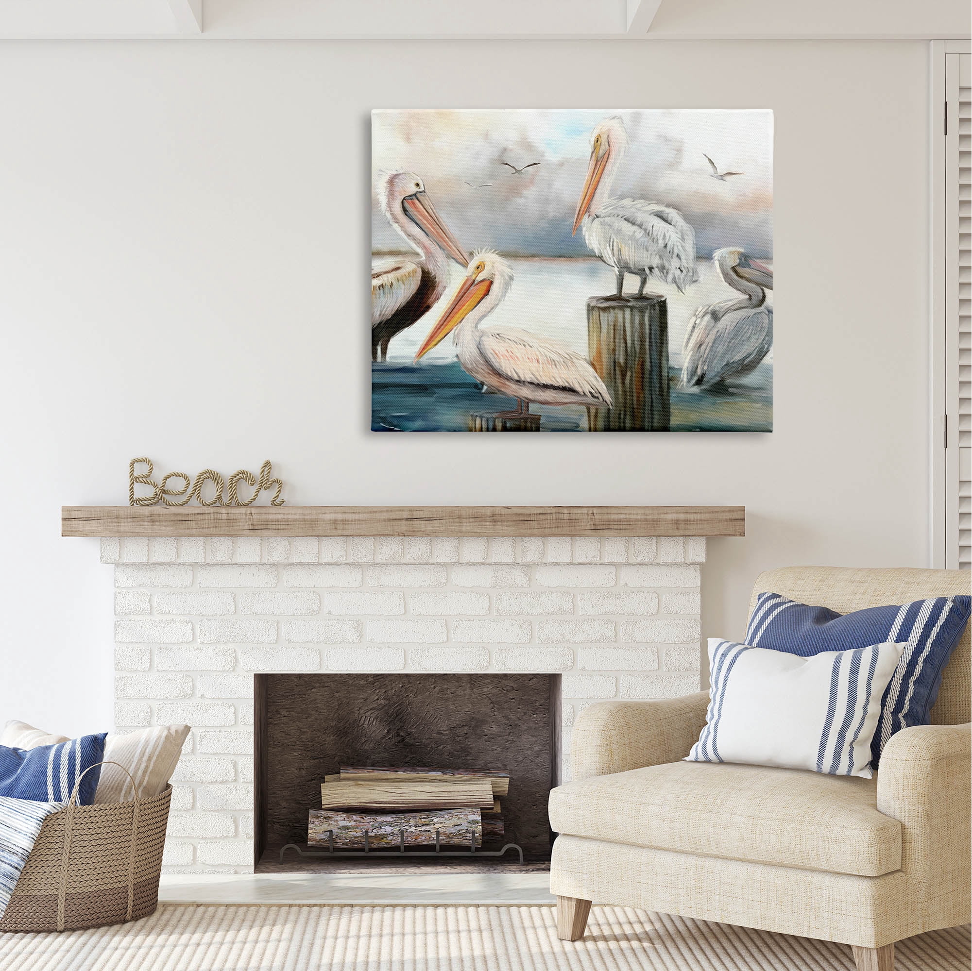 Stupell Industries Pelicans Perched Cloudy Horizon Coastal Painting Gallery Wrapped Canvas Print Wall Art