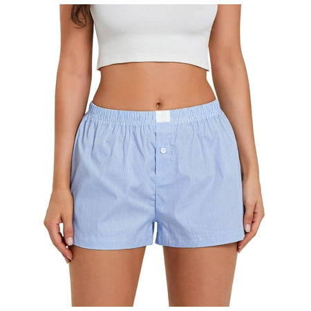 Youmylove Plus Size Women Shorts Womens Plaid Boxer Shorts Loose Fit Casual Summer Shorts Cute Soft Stripe Print Shorts Beachwear Mini Comfy Plaid Short