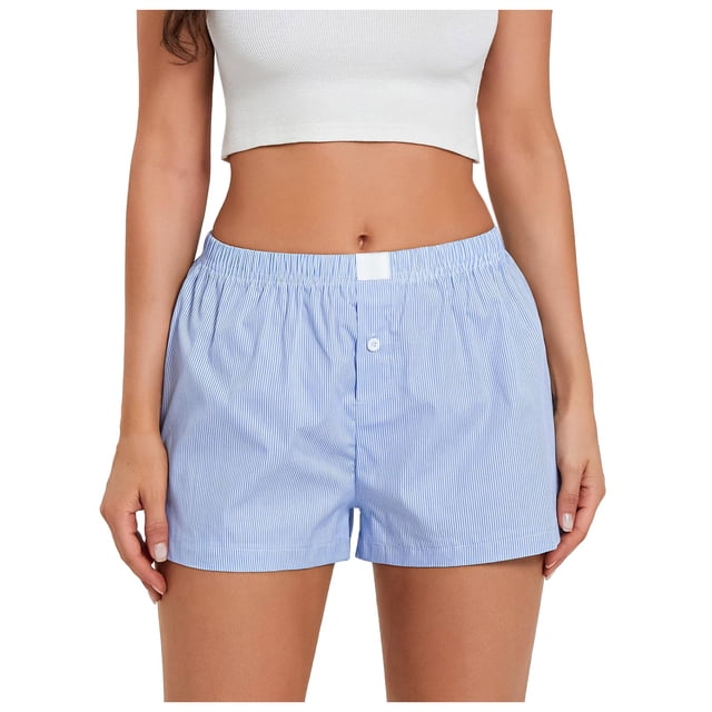 Pantalones cortos boxer con estampado de rayas suaves para mujer: cintura elástica, ligeros para la playa, fiestas en casa o yoga. Tallas S-XXL.