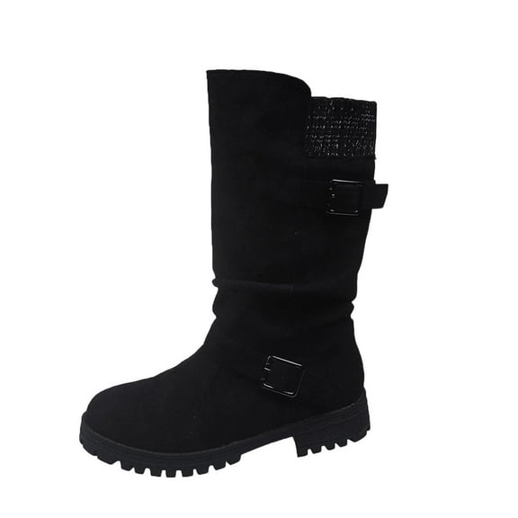 Black Feminine Mid Calf Boots With Buckle Detail Round Toe And Heel For Winter Wear Comfortable And Stylish