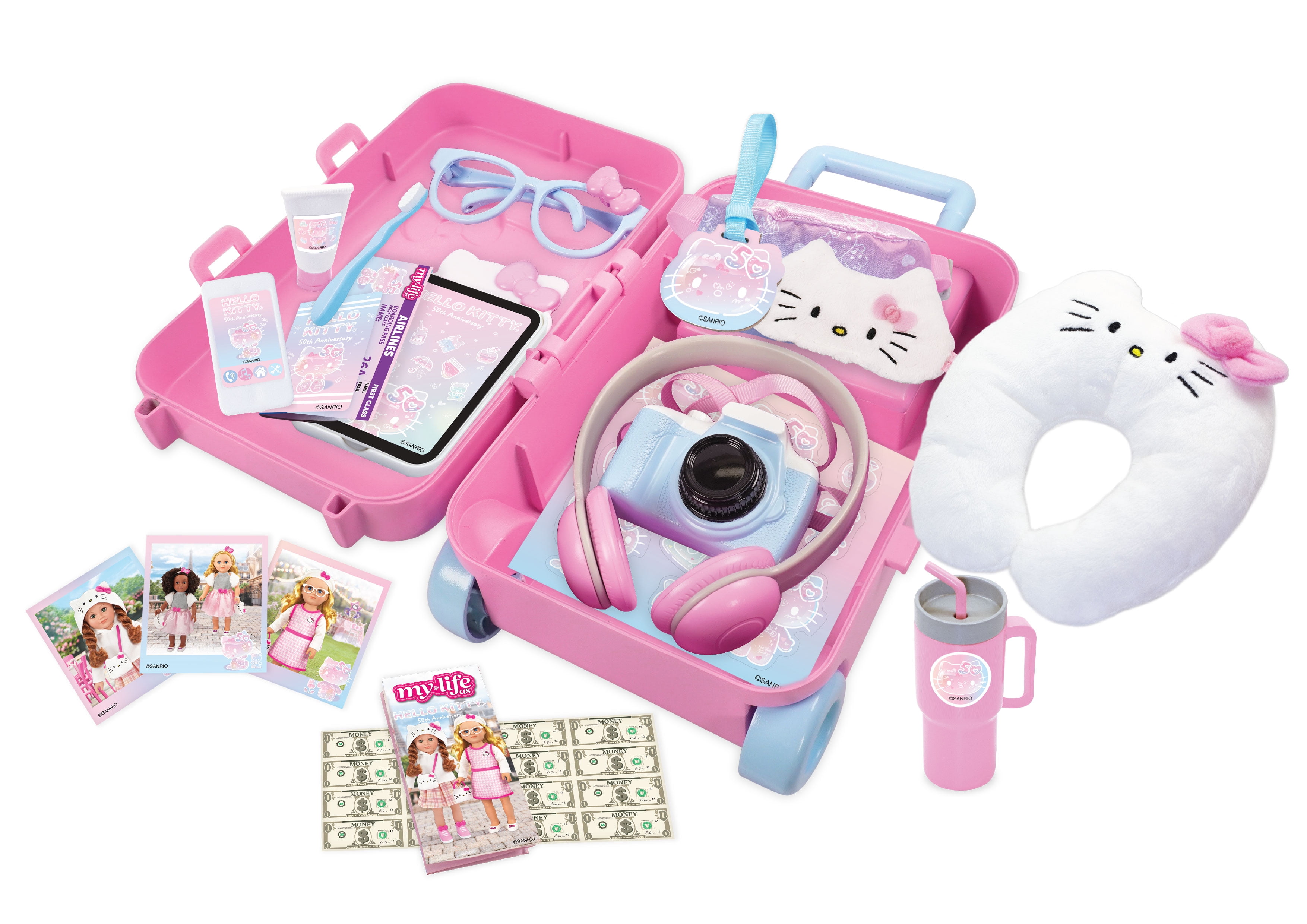 My Life As Hello Kitty Travel Play Set for 18" Dolls, 50th Anniversary, 21 pieces, Pink Multicolor