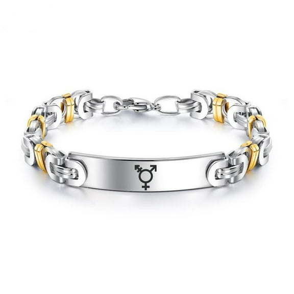 Trans Pride Bracelet - Stainless Steel Gold Silver Tone Transgender LGBT Gender Diversity Celebration Byzantine Chain Bracelets Transgender Symbol Jewelry, 8.06 inches